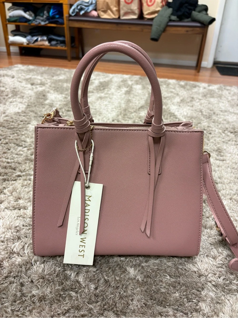 Madison West Rose Pink Structured Satchel with Detachable Strap